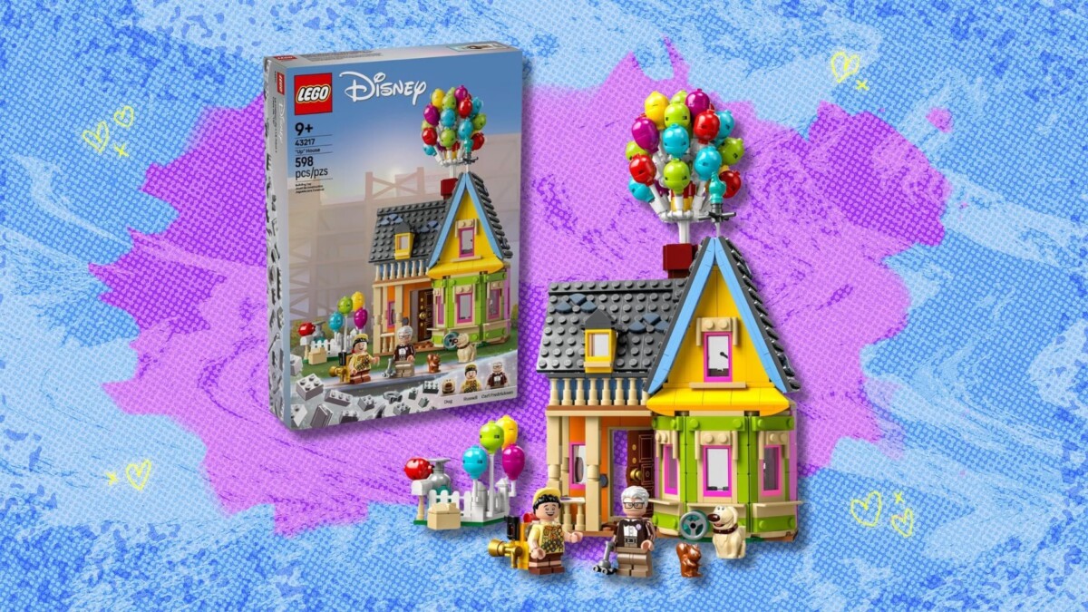 lego disney and pixar ‘up’ house against a purple and blue patterned background