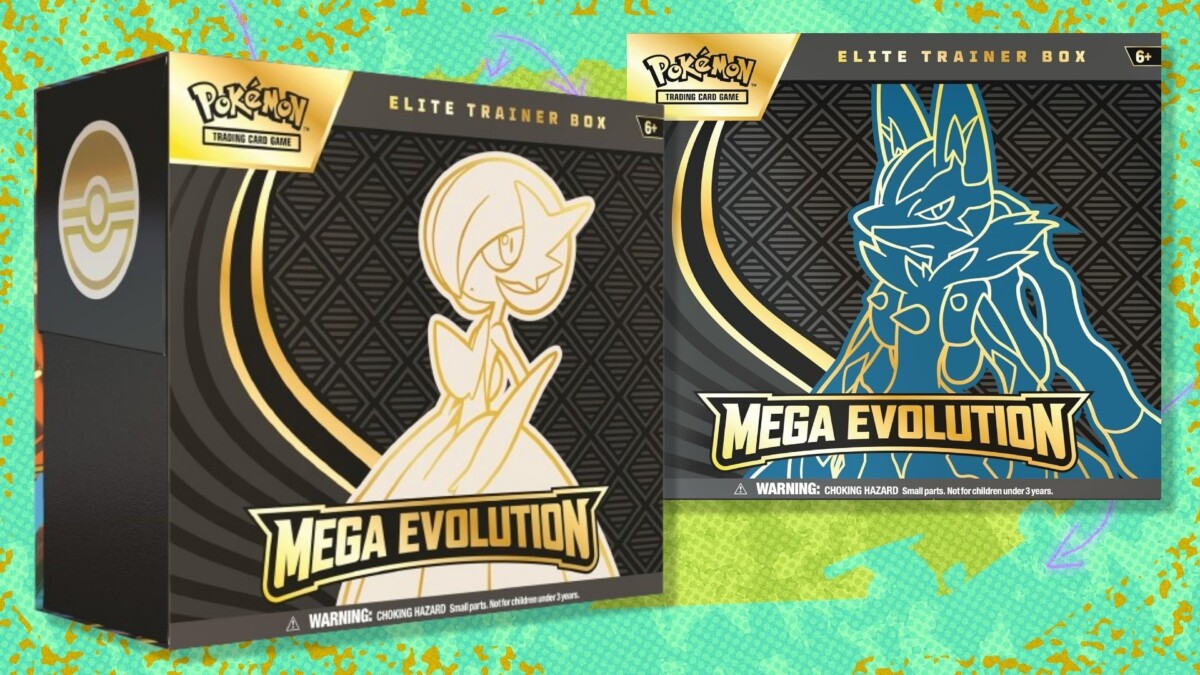 The Mega Lucario & Gardevoir Pokemon TCG Mega Evolution ETBs on a green background