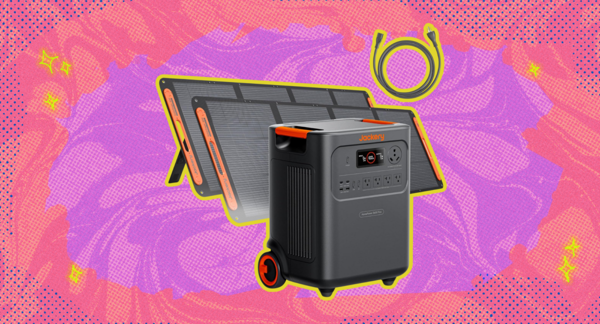 The Jackery HomePower 3600 Plus against a pink and purple background.