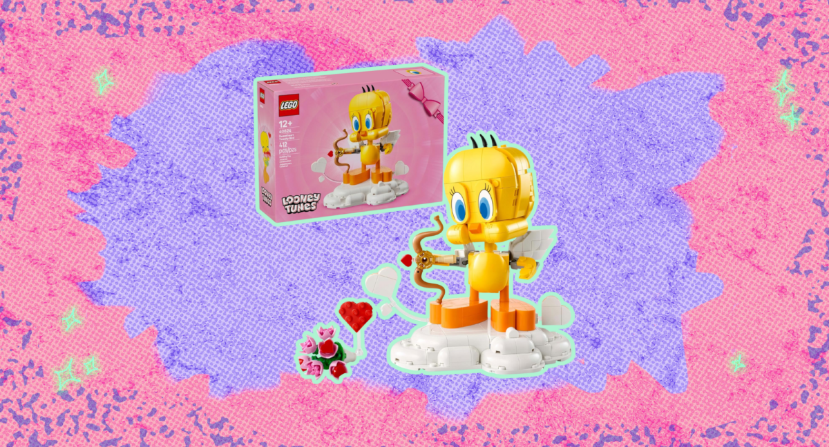 Lego looney tunes tweety bird building set against a purple and pink background.
