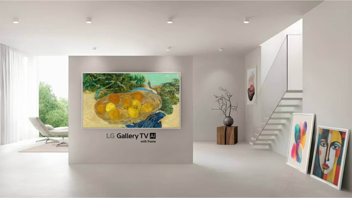 a mock-up of a television dispalying colorful art in a gallery-like living room. Underneath the TV, on the wall, it says