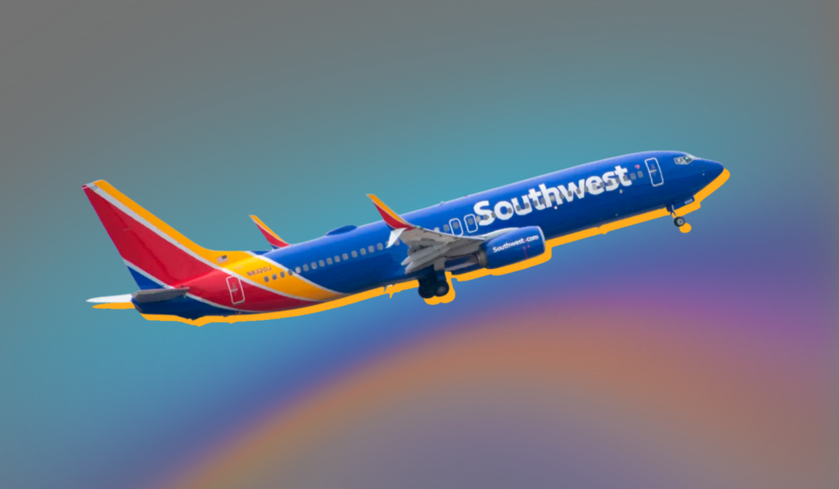 Southwest airplane on gray, blue, purple, and orange backdrop