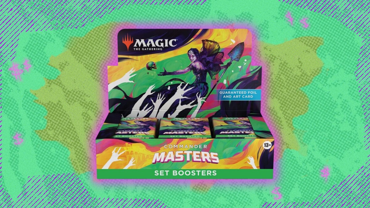 MTG Commander Masters Play Booster Box on a green patterned background
