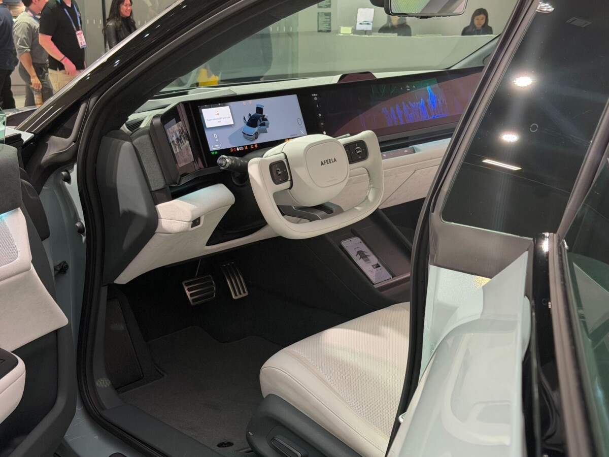 Inside a SHM AFEELA 1 with the dashboard showing off the car's LiDAR view.