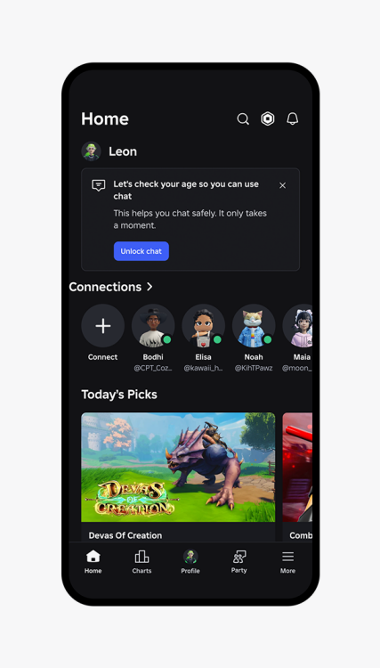 A smartphone displays the Roblox app homepage. At the top is a pop up that reads "let's check your age so you can use chat."