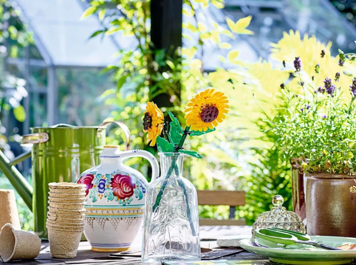 lego sunflowers in a vase on a table