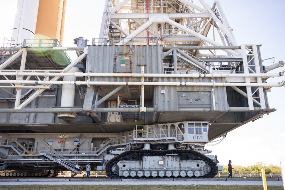 NASA's crawler-transporter carrying the 11-million-pound rocket stack and mobile launcher to the launchpad at Kennedy Space Center on Jan. 17, 2026