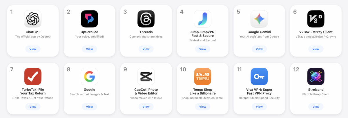 A screenshot of the App Store charts showing UpScrolled at number two.