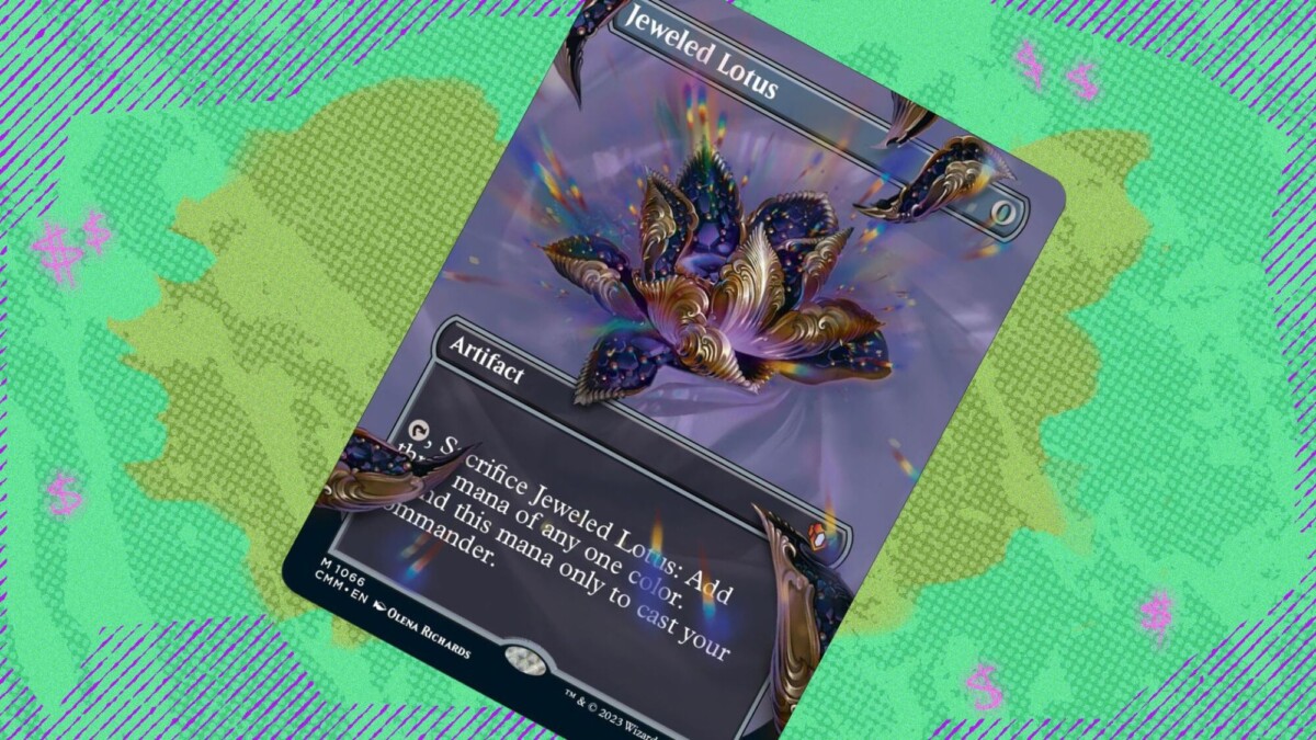 Jeweled Lotus (Textured Foil) card on a green patterned background