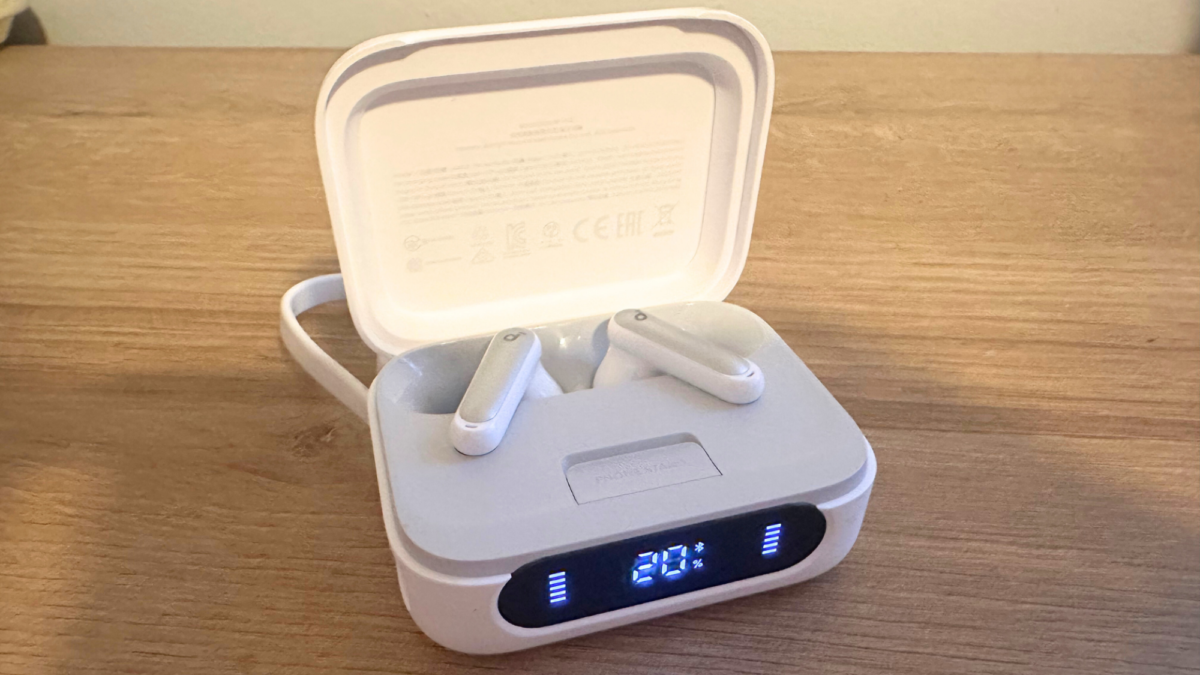 A pair of Soundcore P41i earbuds.