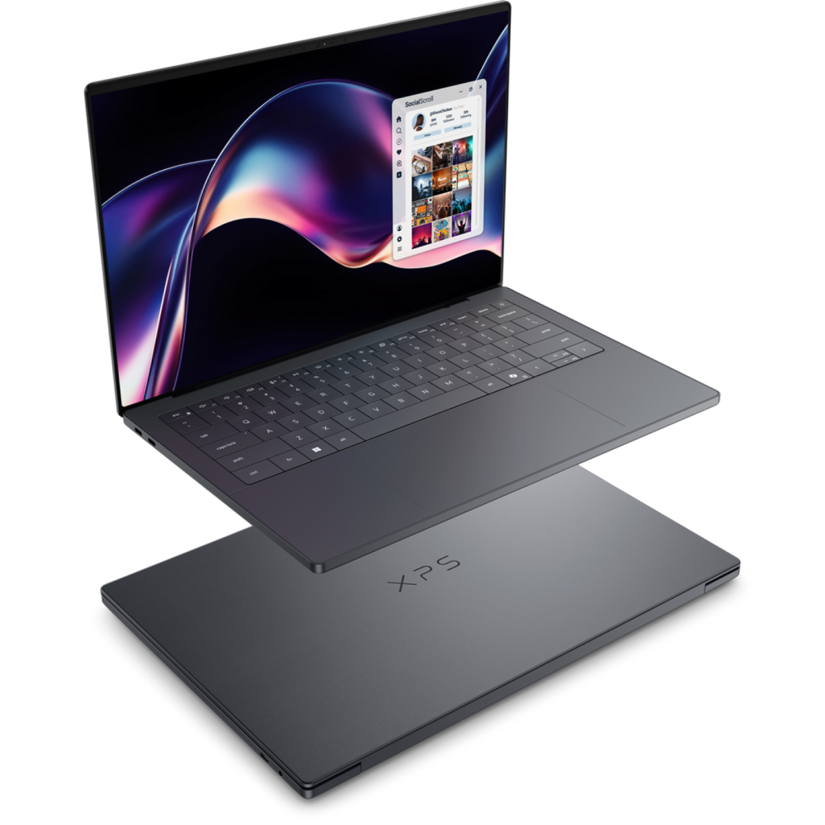 the 2026 dell xps 14 floating above a closed dell xps 16