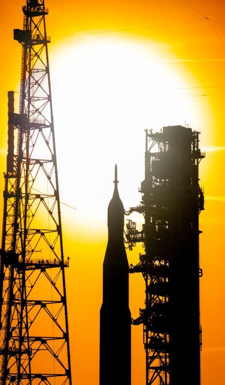 Artemis 2 SLS rocket reaching launchpad 39B at Kennedy Space Center in Cape Canaveral, Florida, in the evening on Jan. 17, 2026