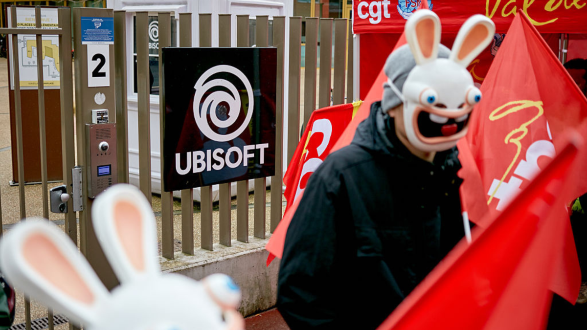 Ubisoft employees protest outside its Paris offices on February 10, 2026.