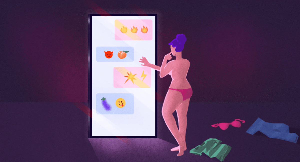 illustration of a woman in her underwear scrolling through a life-size phone.