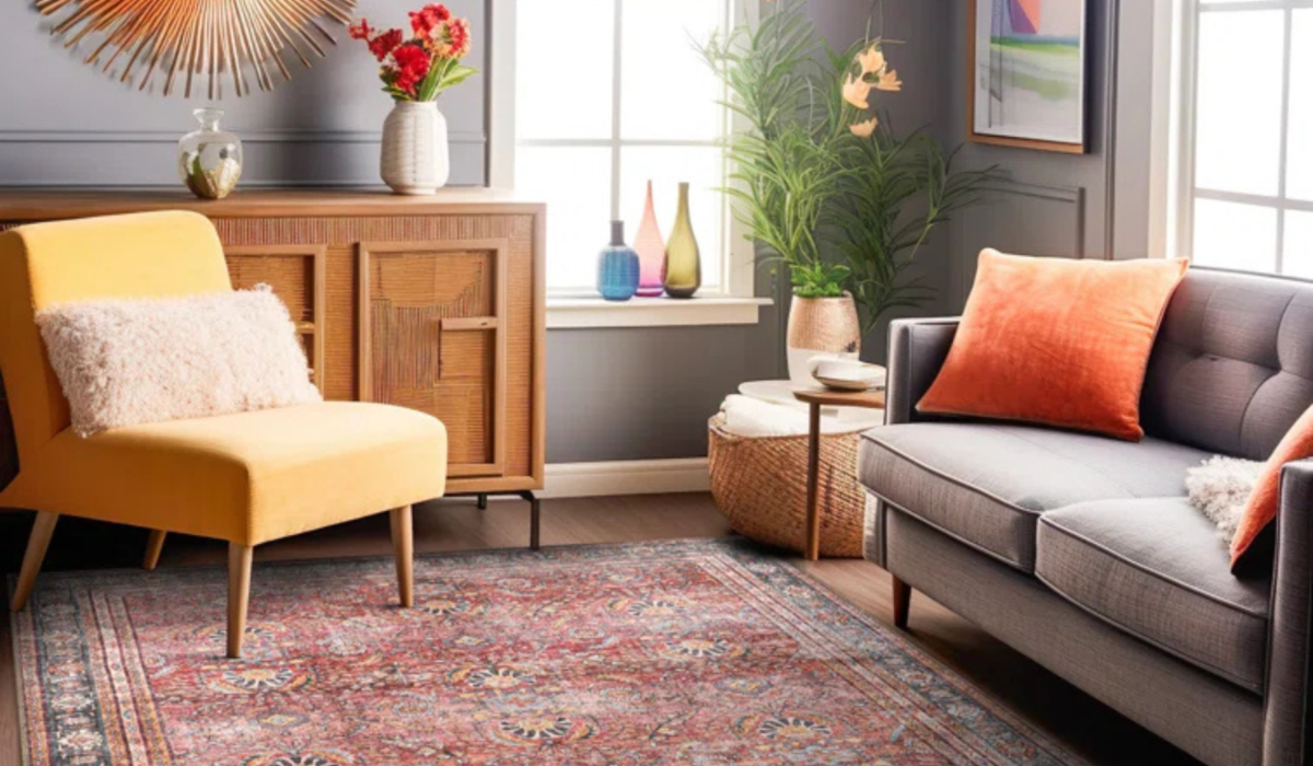 Living room scene featuring yellow chair, gray couch, medallion rug, vases, and flowers