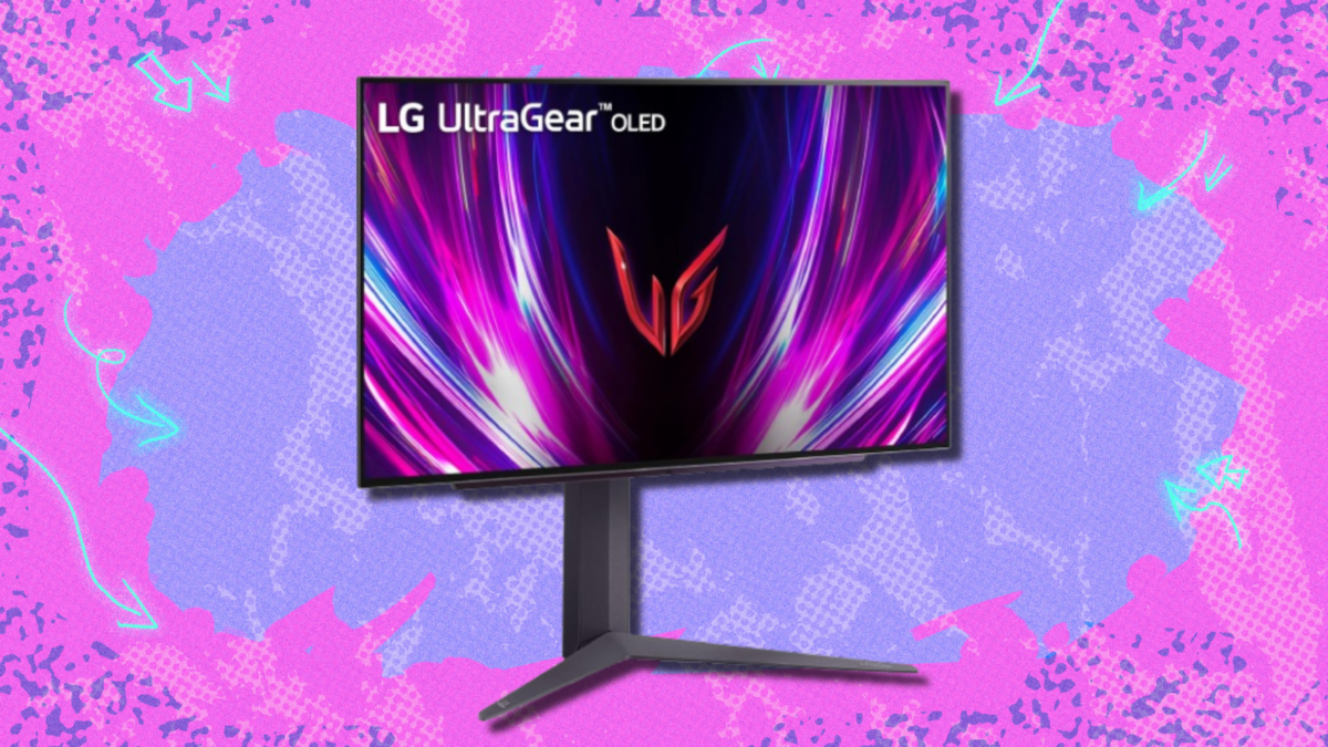 LG Ultragear OLED monitor with pink and purple background