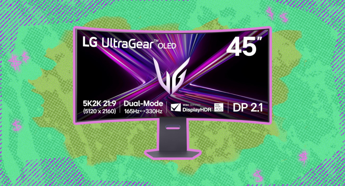 An LG gaming monitor against a colorful background.