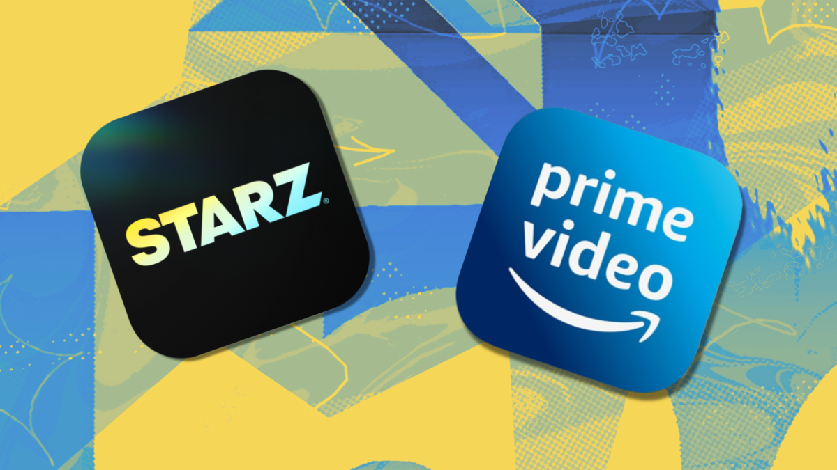 Starz and Prime Video app logos with yellow and blue background