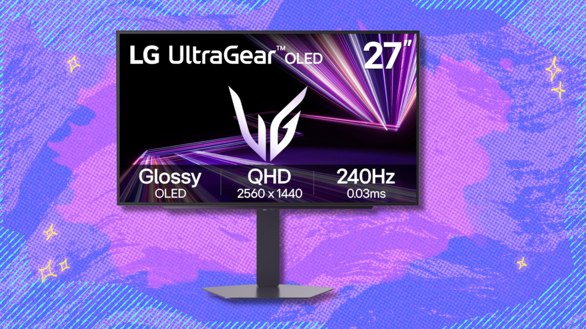 LG Ultragear 27-Inch QHD OLED Gaming Monitor on pink and blue abstract background