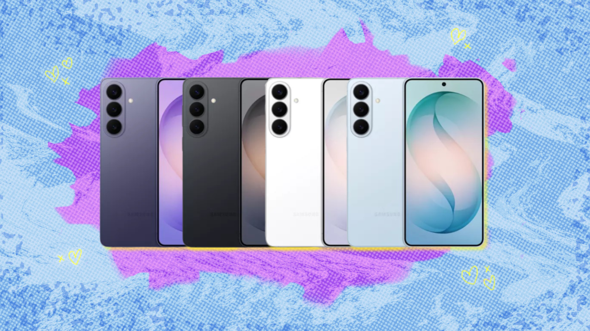 Samsung Galaxy S26+ phones with blue and purple background