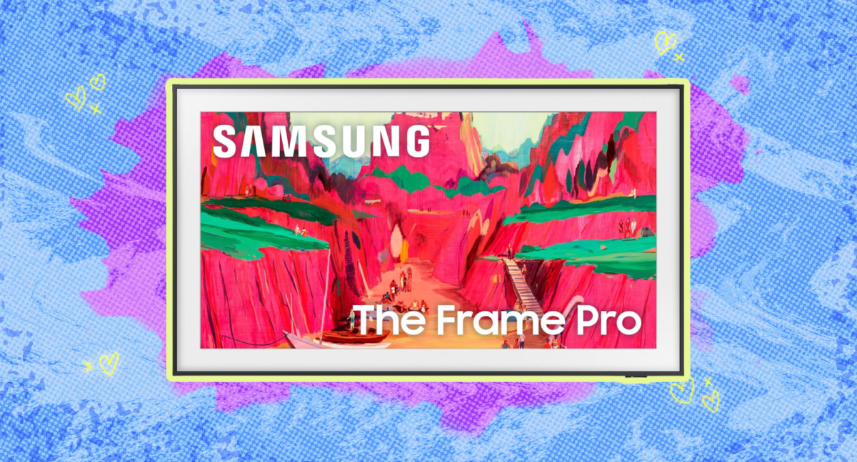 Samsung The Frame Pro LED Smart TV against a colorful background.