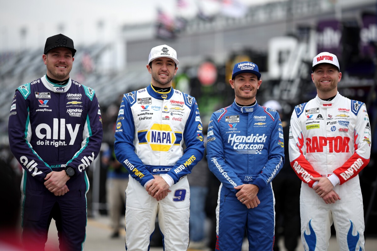 drivers Alex Bowman, Chase Elliott, Kyle Larson, and William Byron posing at Daytona International Speedway