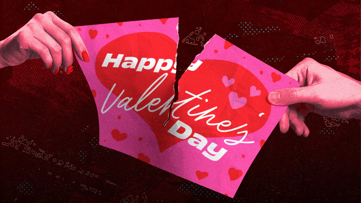 Illustration of a valentine's card being torn in two