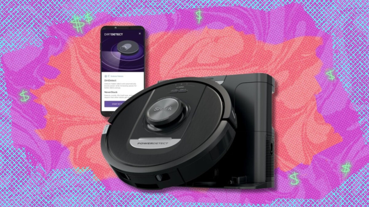 the Shark PowerDetect self-empty robot vacuum on a pink and purple background