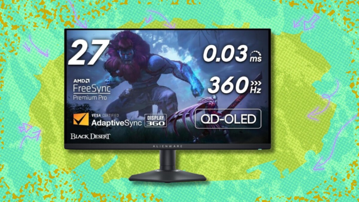 the 27-inch Alienware 360Hz gaming monitor on a green background