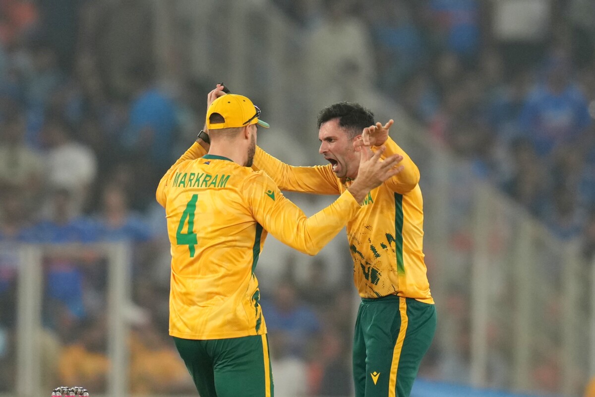 Keshav Maharaj of South Africa celebrates