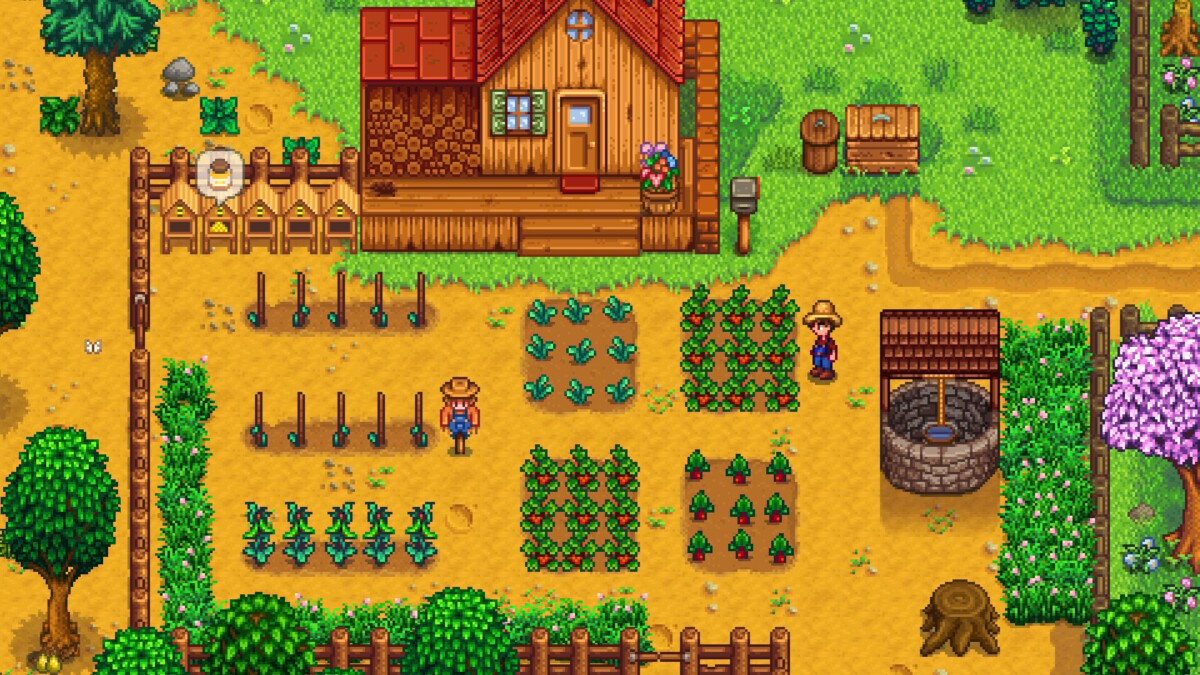 A screenshot of a farm in 'Stardew Valley.'