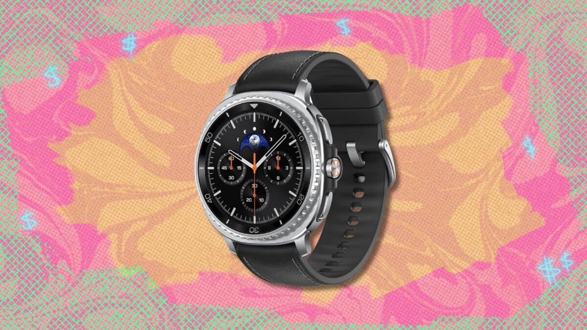 samsung galaxy watch 8 classic against a pink, yellow, and green patterned background