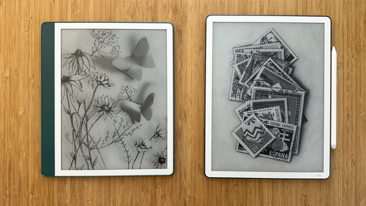 The 2024 Kindle Scribe on the left and the 2025 Kindle Scribe on the right.