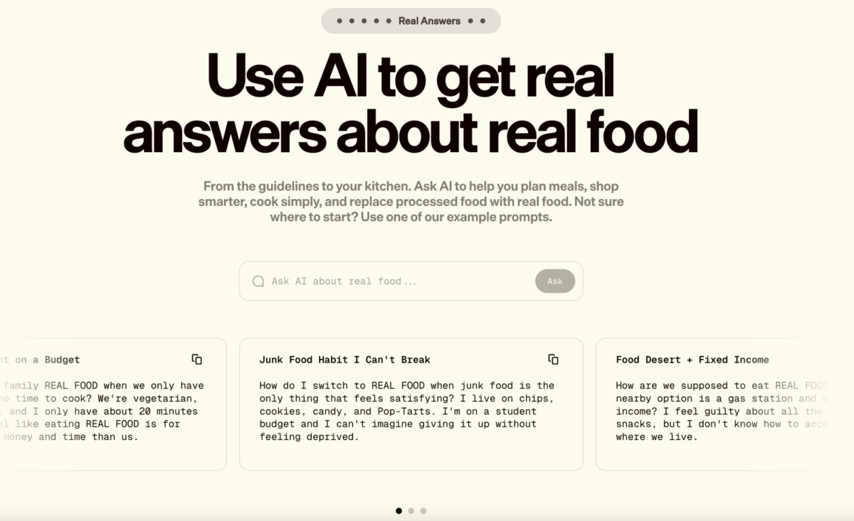 A screenshot showing text on a webpage. It reads "Use AI to get real answers about real food." There is a chatbox underneath.