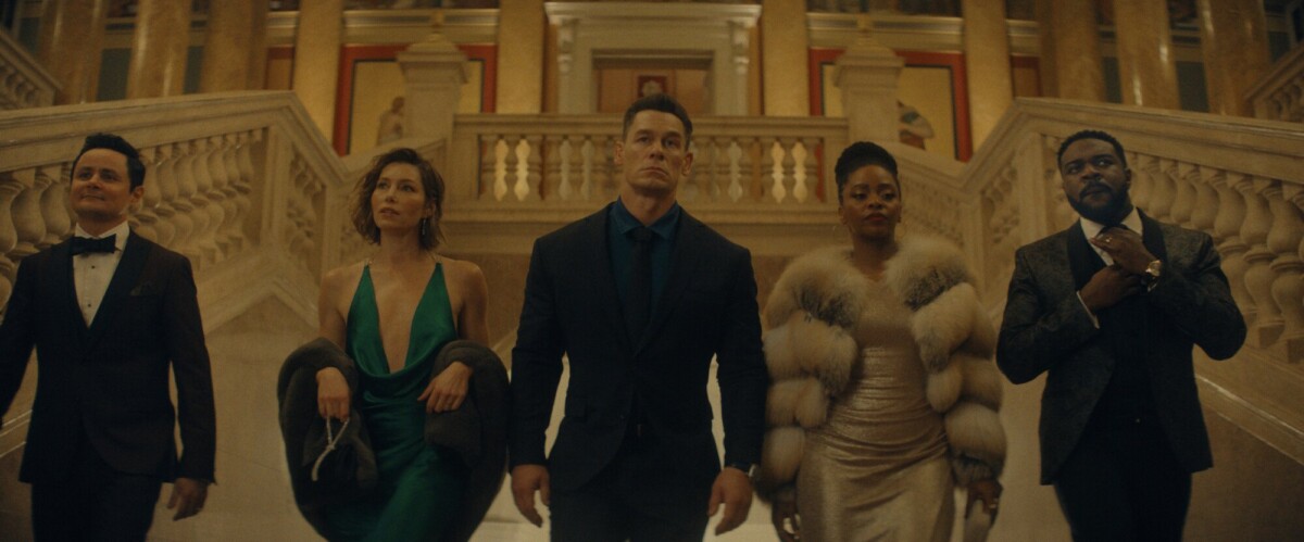 Arturo Castro, Jessica Biel, John Cena, Teyonah Parris, and Sam Richardson in "Matchbox The Movie."