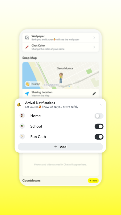 A phone screen showing a Snapchat user's location on the map. A menu overlaid on top shows the settings to turn on Arrival Notifications.
