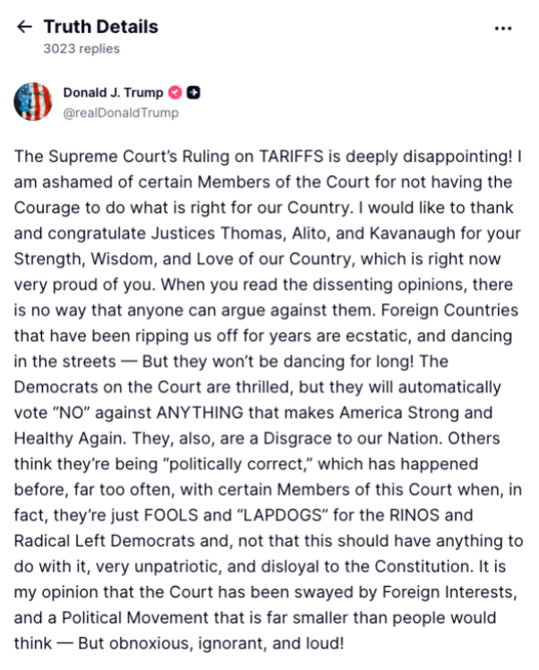 screenshot of President Trump's Truth Social post