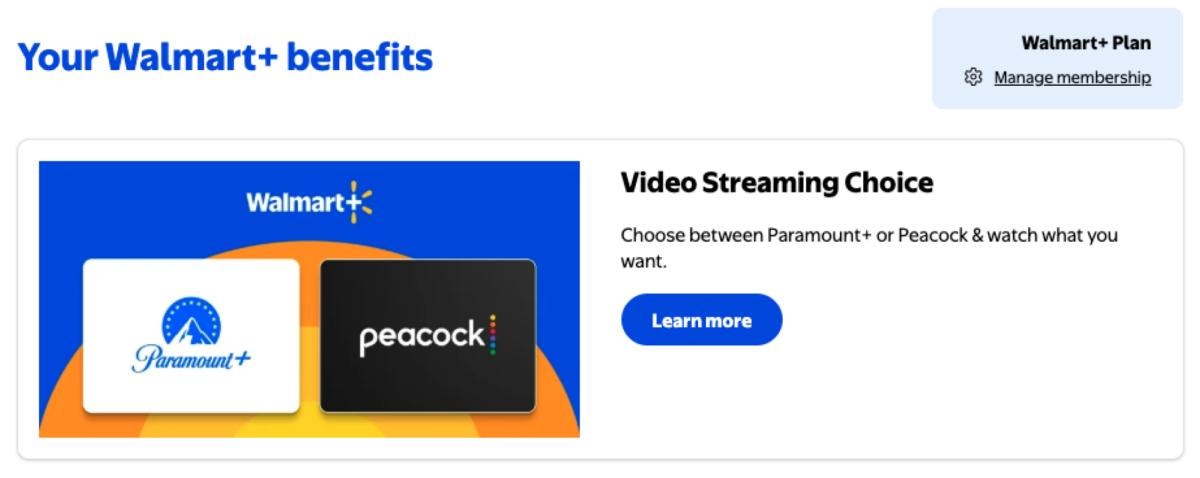 Walmart+ benefits and streaming service options screenshot