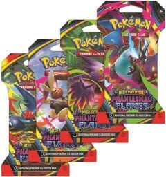 Four Pok&eacute;mon TCG: Phantasmal Flames booster packs from the eight-pack lot on a white background