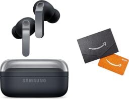 samsung galaxy buds 4 pro earbuds and amazon gift card against a white background