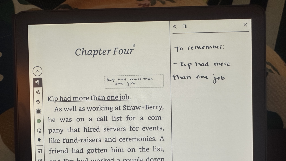 A page of the Kindle Colorsoft Scribe showing writing in the margins.