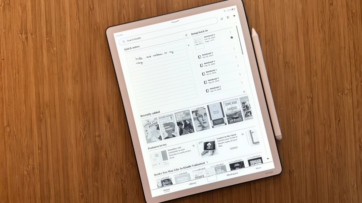 A 2025 Kindle Scribe on a table showing the home screen.