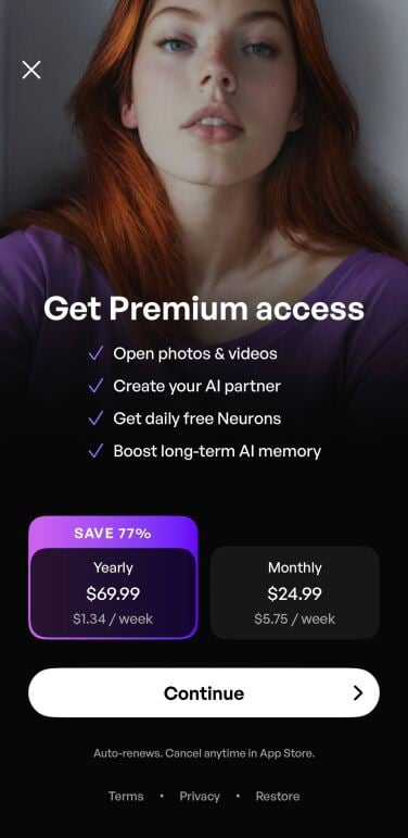 premium subscription page on eva ai app