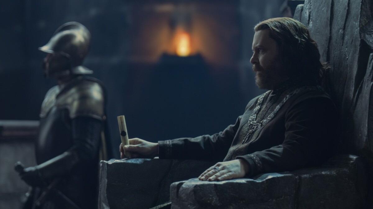 Borros Baratheon (Roger Evans) looking thrilled in Storm's End in "House of the Dragon."