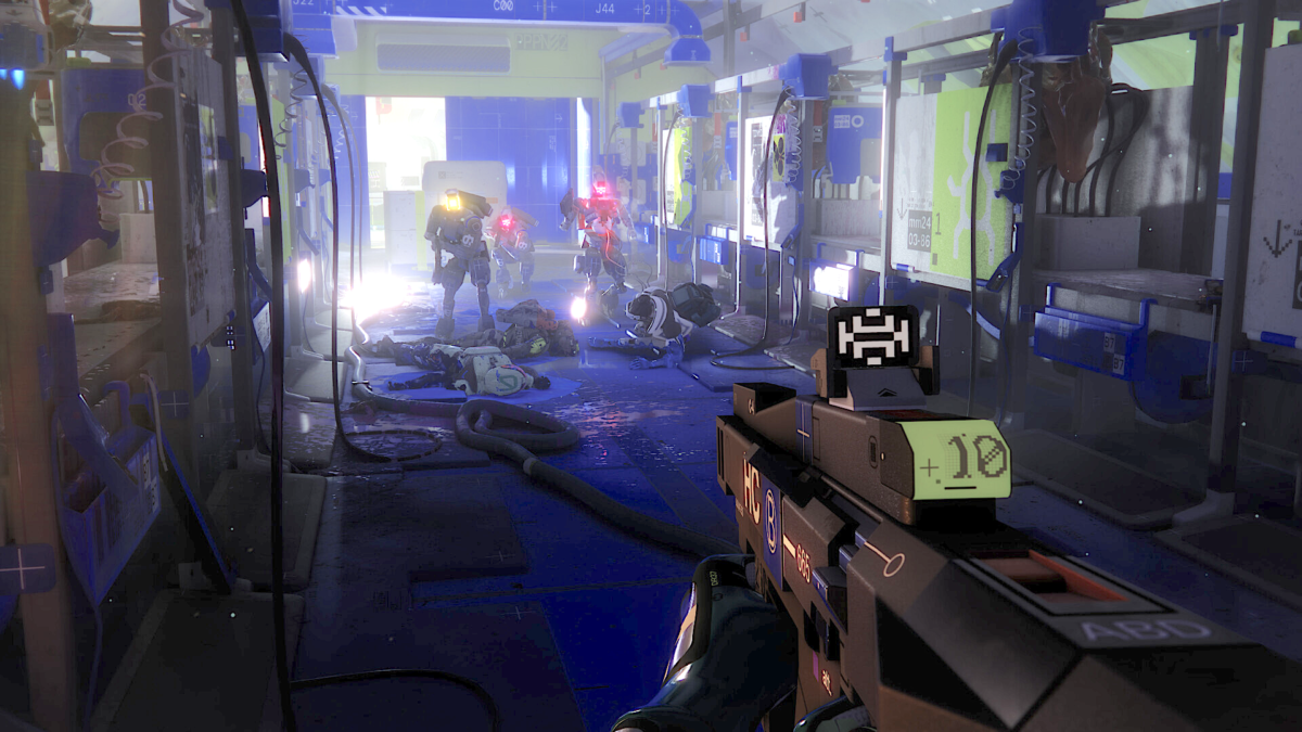 A first-person shooter with robots in a futuristic corridor.