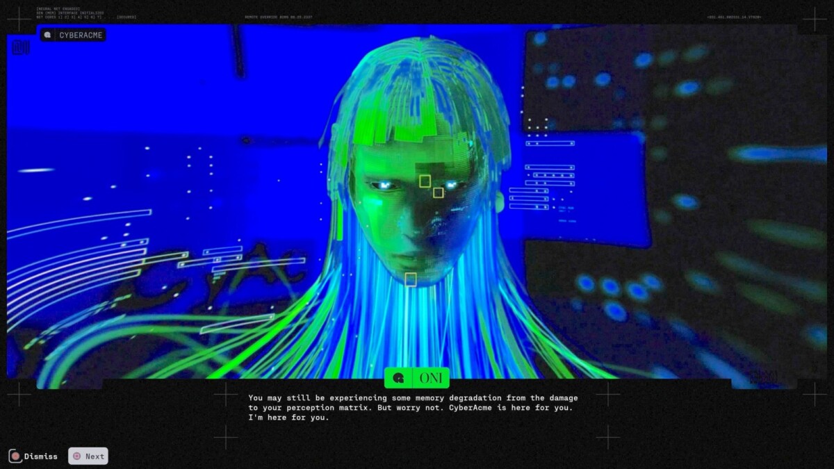 A cybernetic head talks to the player.
