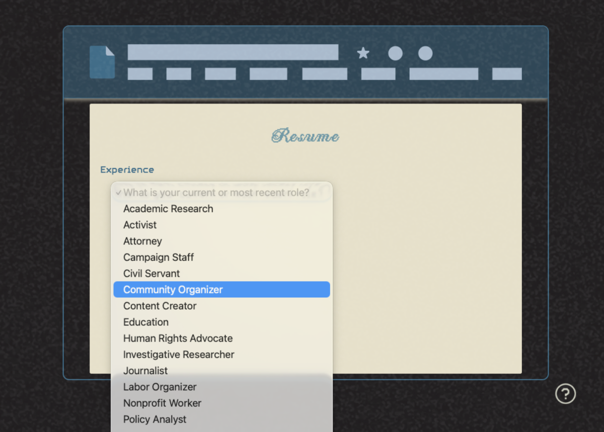 A illustration of a web browser displays a Resume. A drop down menu lets the user pick their current job role. The cursor hovers over "Community Organizer."