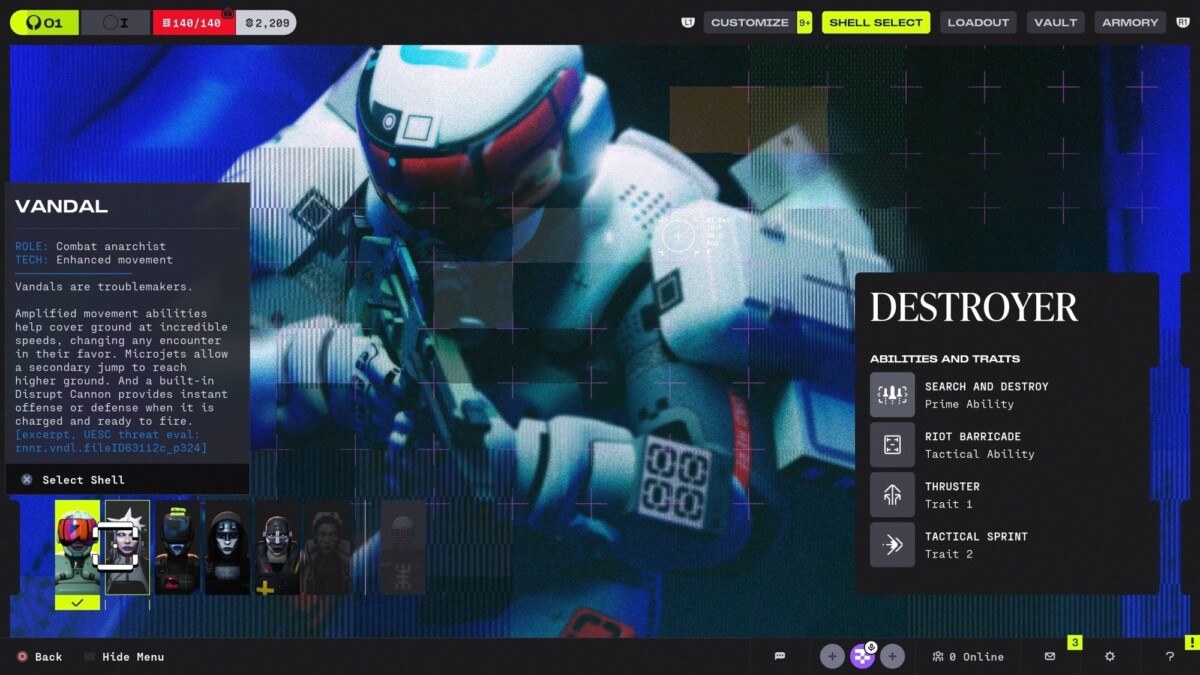 Destroyer, a helmeted figure with lists of characteristics